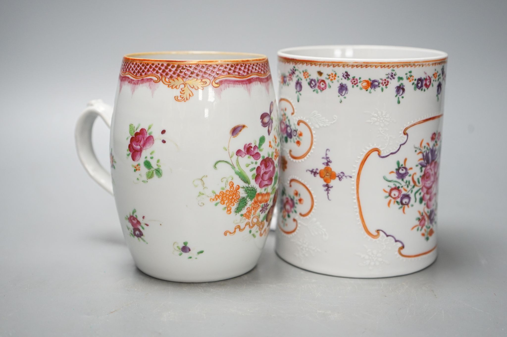 Two 18th century Chinese export famille rose mugs, 13cm